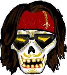 Grinning sugar-skull skeleton wearing a red fez, lightning-bolt sunglasses, and shoulder-length brown hair