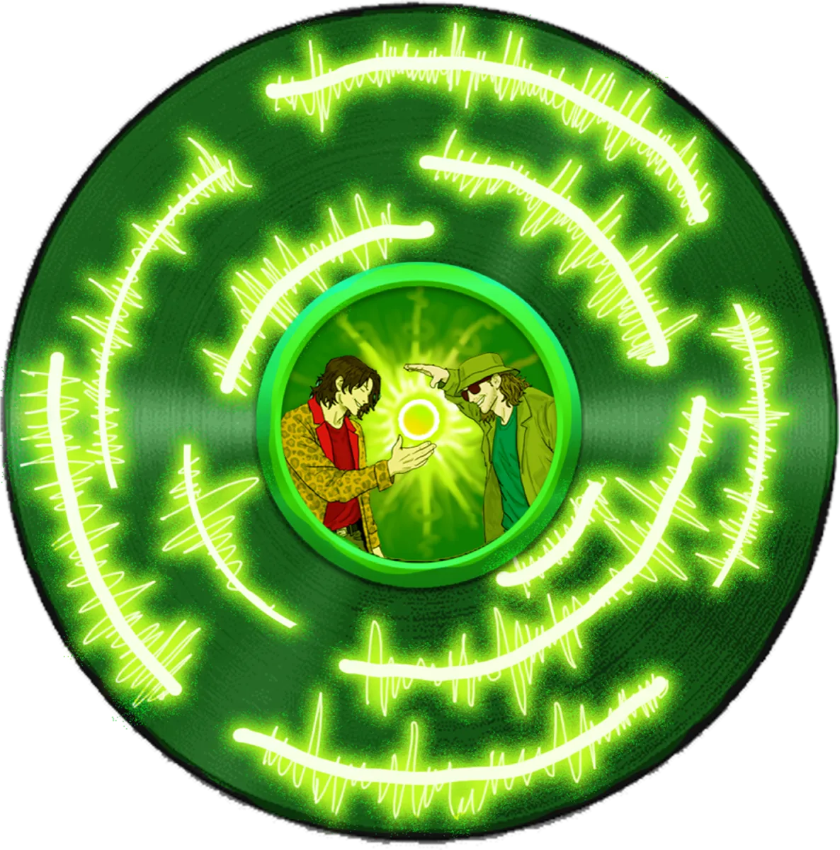 Green vinyl record with white waveform grooves, center label showing two characters conjuring a glowing orb
