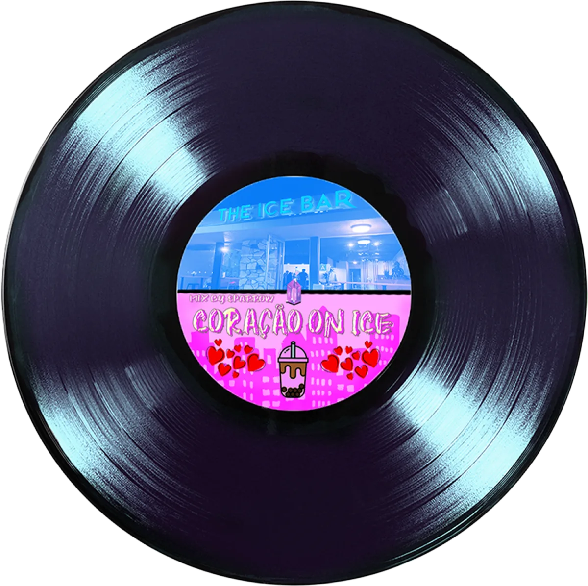 Black vinyl record, center label for Coração on Ice mix by $parrow showing a boba tea shop and city skyline