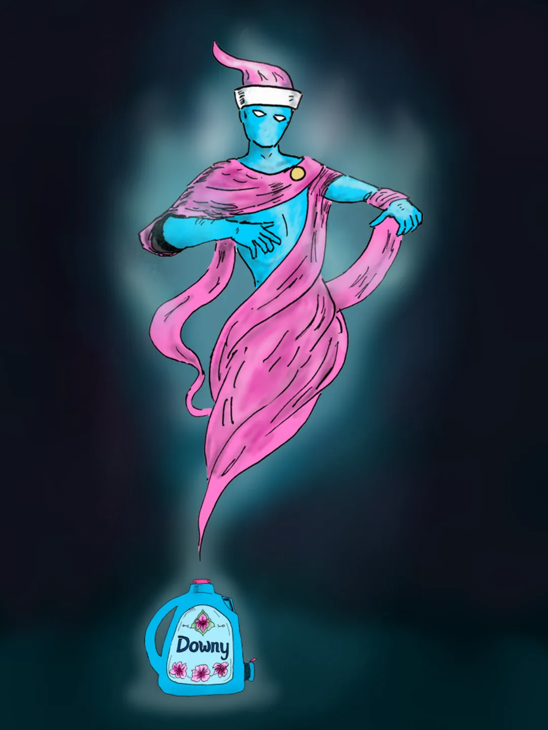 Blue-skinned genie in a pink robe rising in smoke from a Downy fabric softener bottle