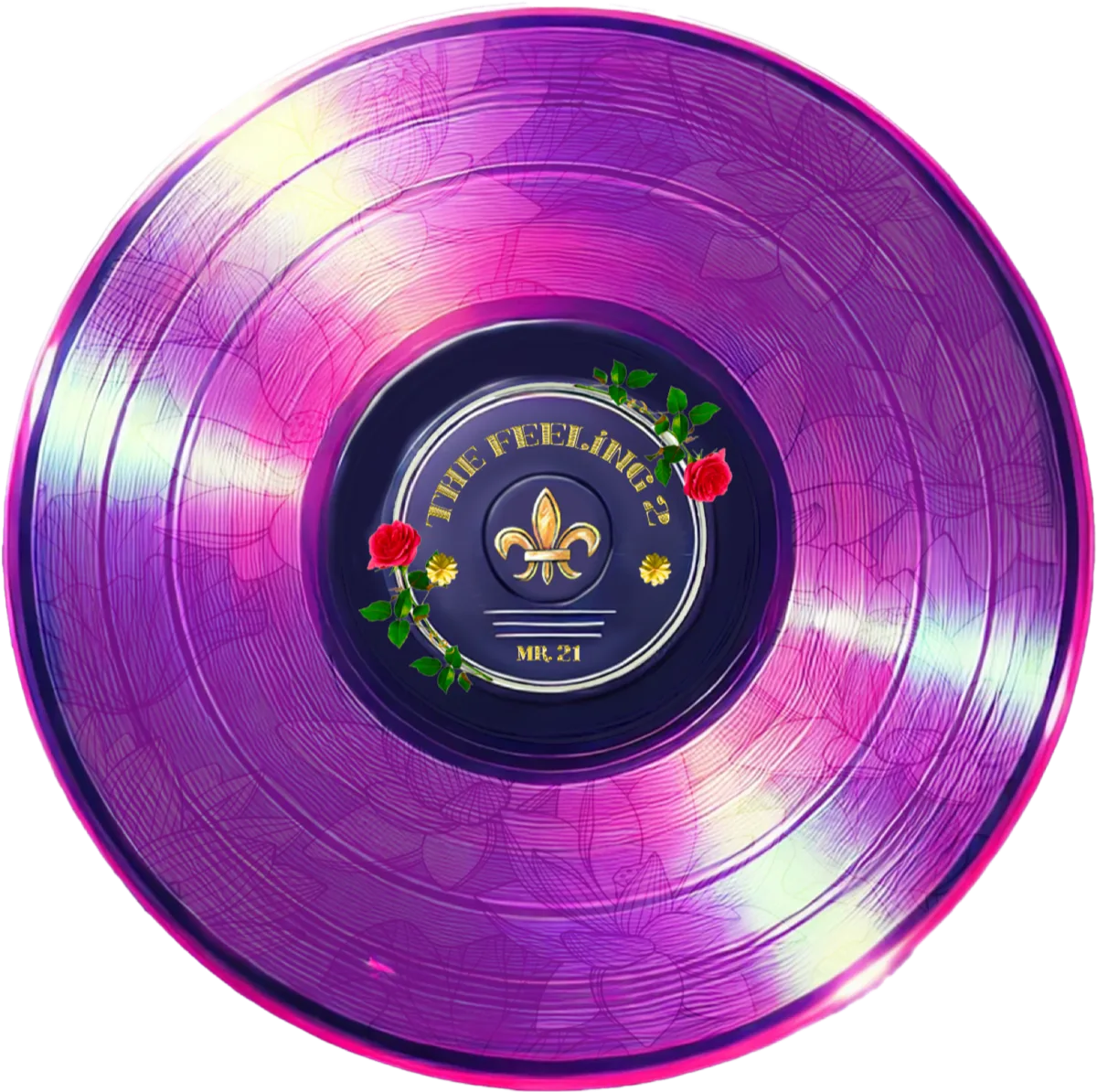 Purple and pink vinyl record for The Feeling 2, center label with roses and a gold fleur-de-lis