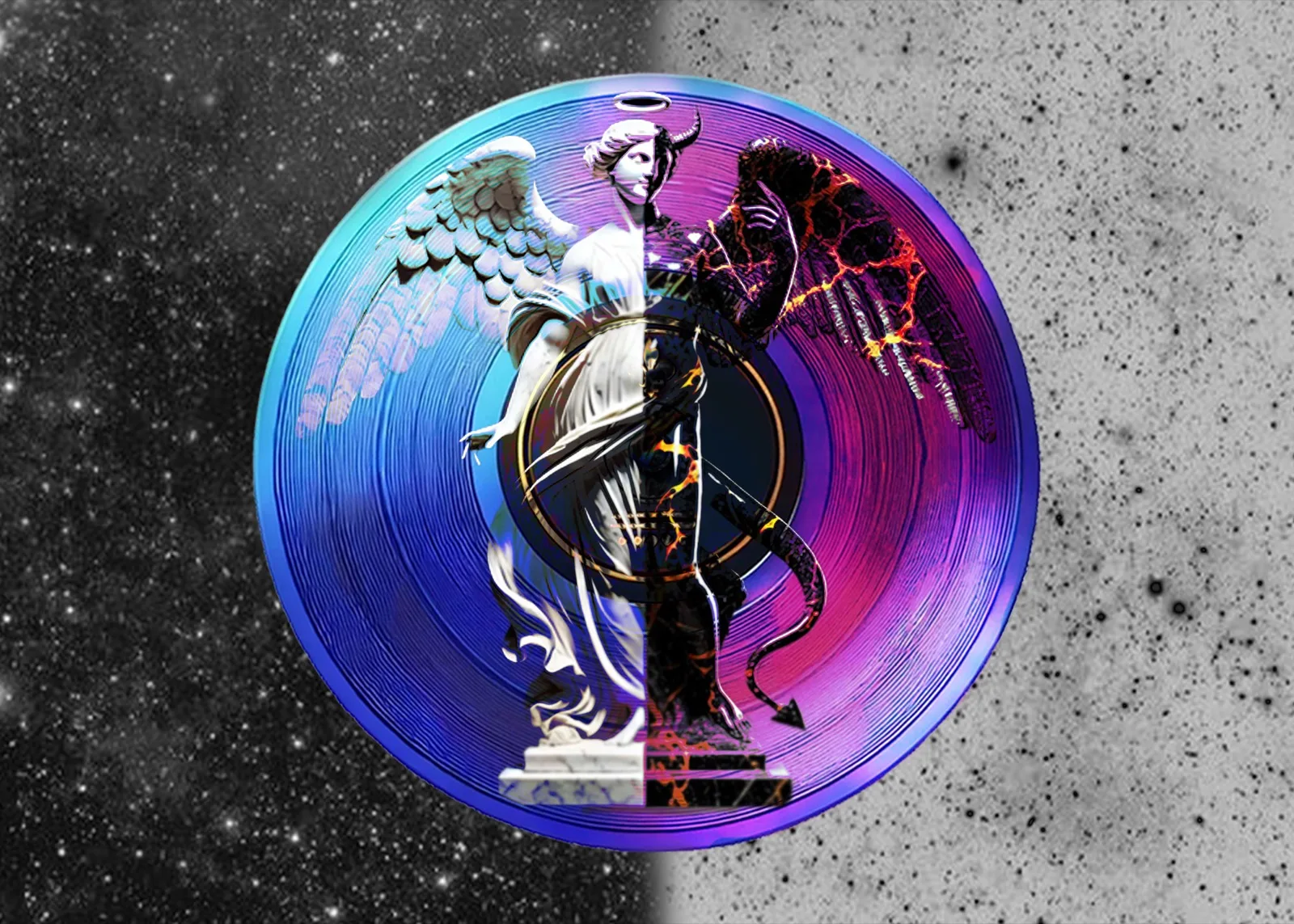 Vinyl record split into angel and devil halves against matching starfield and grayscale backdrops