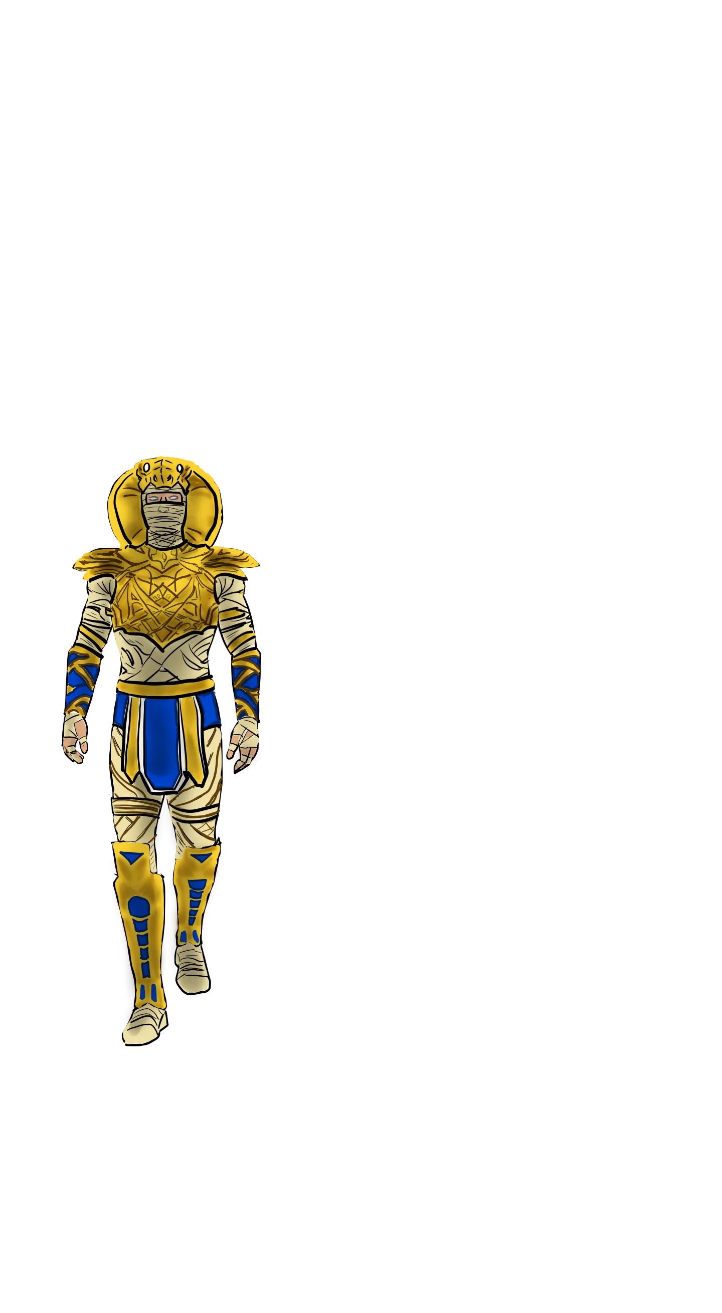 Character in gold and blue mummy-wrapped armor with a cobra-shaped headpiece, walking forward