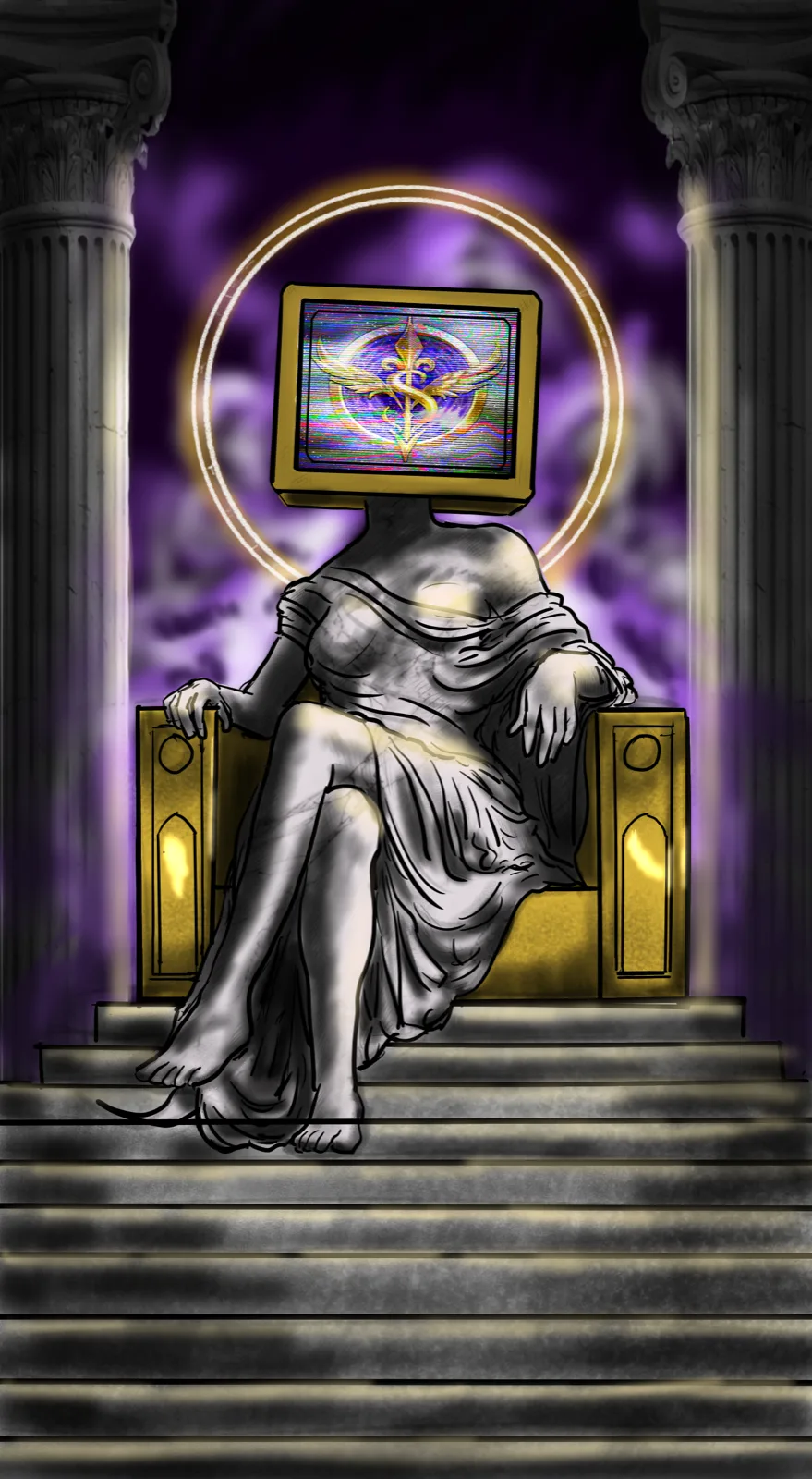 A robed marble statue seated on a throne with a glowing CRT television for a head, displaying a winged dollar-sign sigil