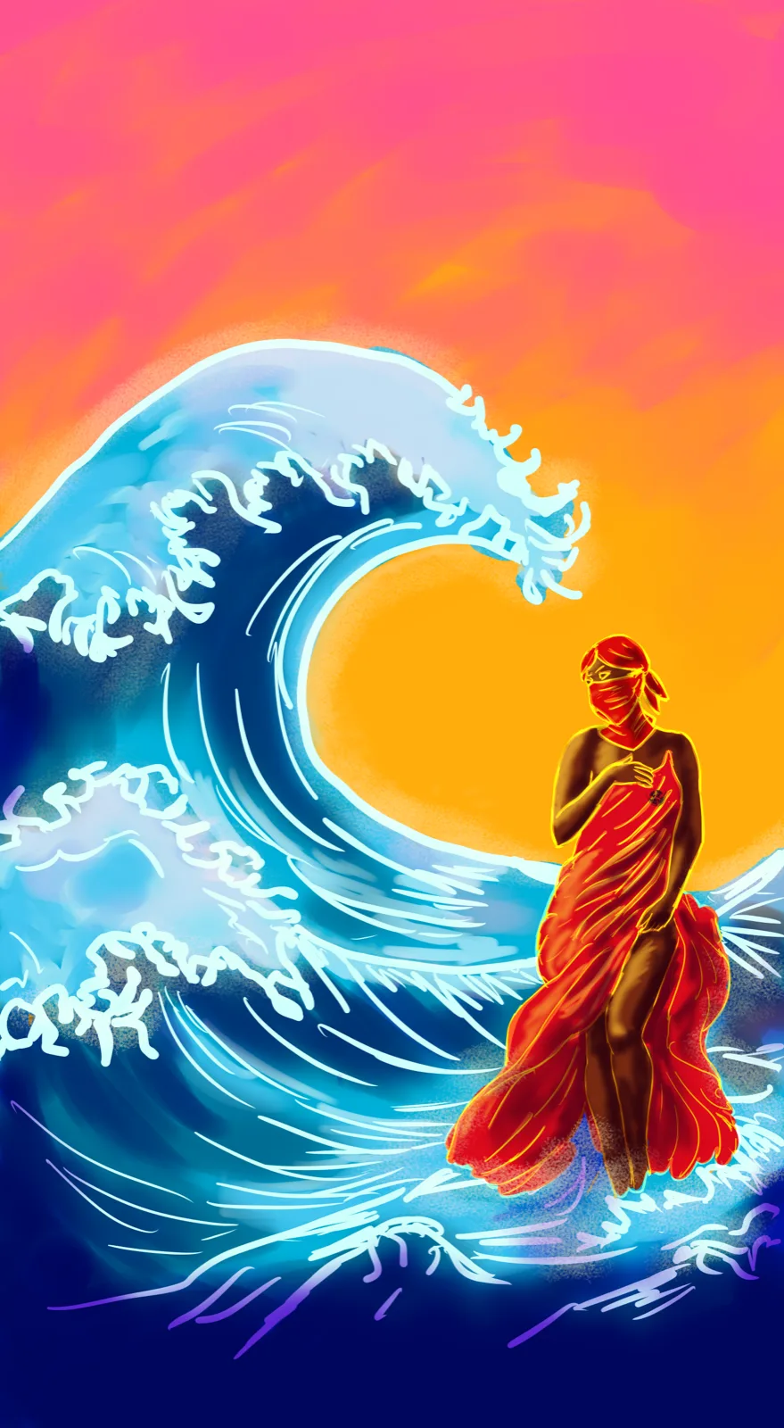 Figure wrapped in a flowing red cloak and face wrap standing before a giant cresting wave at sunset