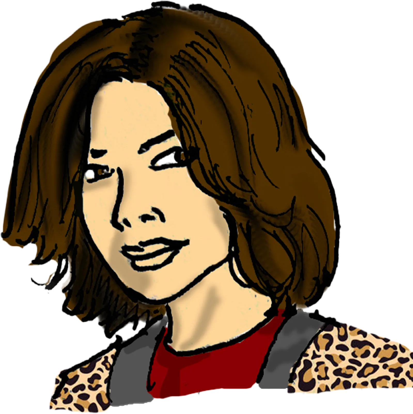 Comic-style portrait of $parrow in a leopard-print jacket, head tilted downward with a knowing smirk.