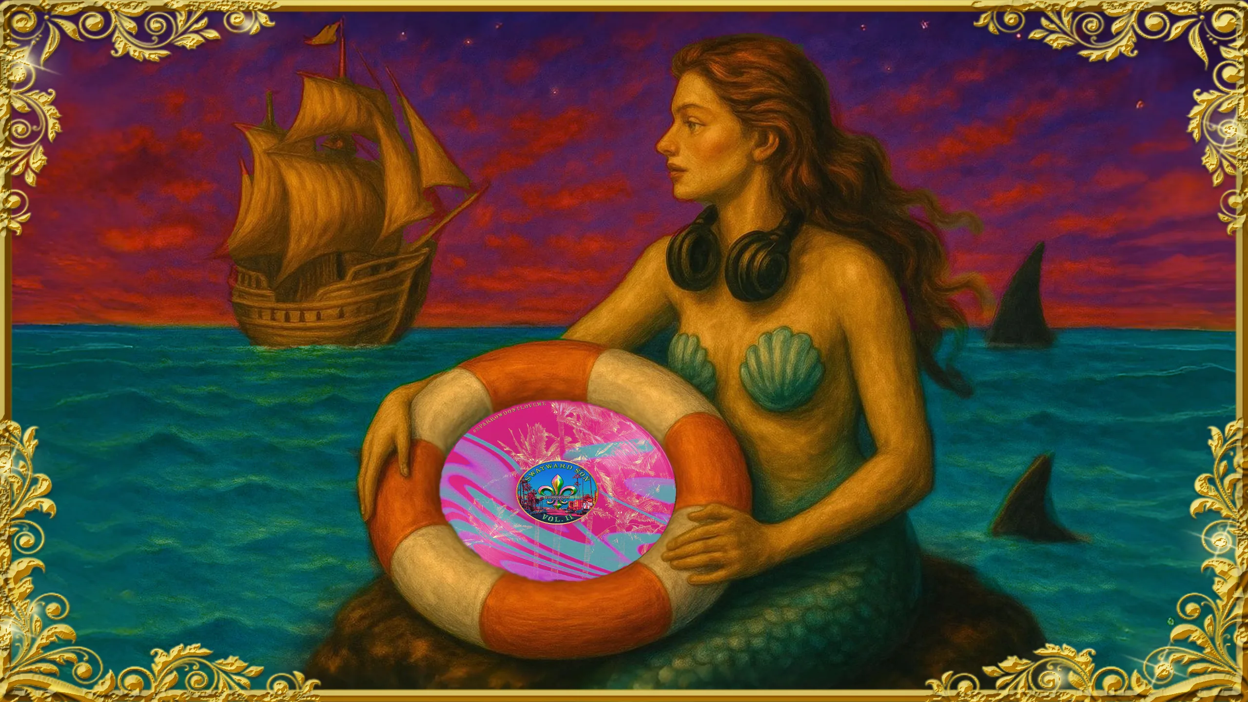 Illustrated mermaid wearing DJ headphones and holding a life preserver with the Swayward Son Vol. II record label, a tall ship and sharks in the background